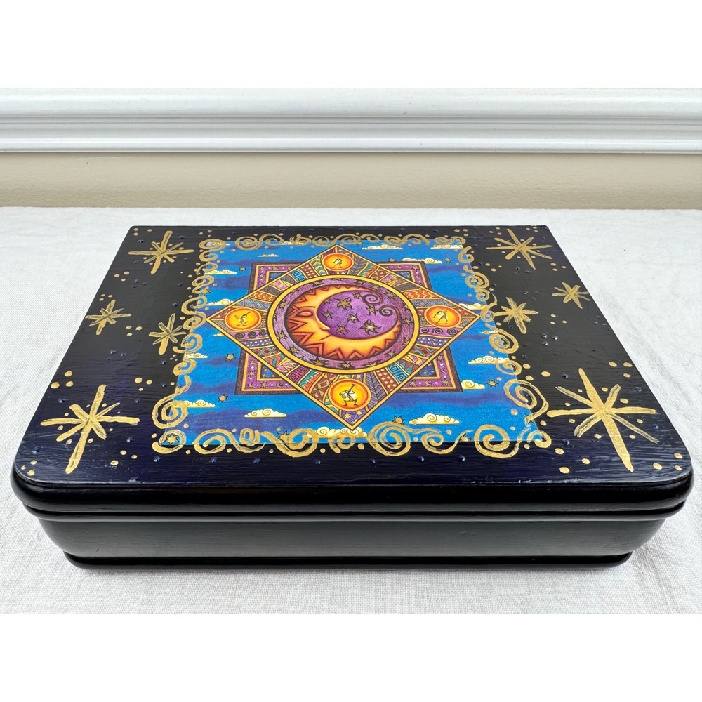 Celestial Sun Moon Hand Painted Wood Trinket Jewelry Box Black Stars Whimsigoth